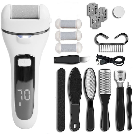 Rechargeable Electric Foot File – LCD Display, 3 Heads, White